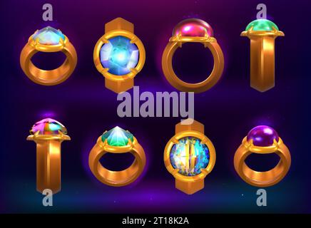 Set di anelli magici dei cartoni animati con bellissime pietre preziose e cristalli luminosi. Set di accessori per risorse di gioco UI con gemme o diamanti. Oggetti di scena da favola da angolazioni diverse. Elementi di progettazione della gui antica. Illustrazione Vettoriale
