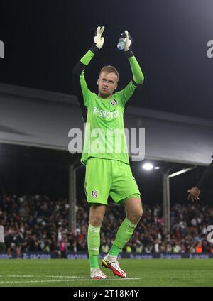 Marek Rodak di Fulham festeggia la vittoria dei calci di rigore contro il Tottenham Hotspur. - Fulham contro Tottenham Hotspur, EFL Cup, Carabao Cup, 2° turno, Craven Cottage Stadium, Londra, Regno Unito - 29 agosto 2023 solo per uso editoriale - si applicano le restrizioni DataCo Foto Stock