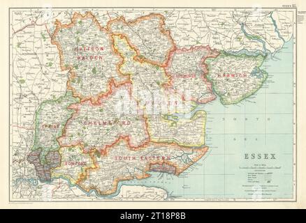 ESSEX. Mostra le divisioni parlamentari, i quartieri e i parchi. BACON 1919 vecchia mappa Foto Stock