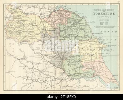 YORKSHIRE NORTH & EAST RIDINGS. Mappa della contea. Circoscrizioni ferroviarie. PHILIP 1889 Foto Stock