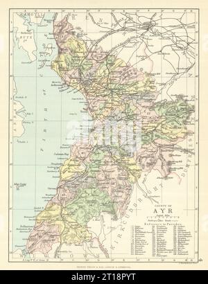 "Contea di Ayr". Ayrshire. Parrocchie. BARTHOLOMEW 1888 vecchia carta cartografica antica Foto Stock