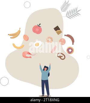 Equilibrio alimentare come dieta sana proporzione alla spazzatura. Scegliere verdure e frutta con vitamine per la perdita di peso e benessere. Illustrazione Vettoriale