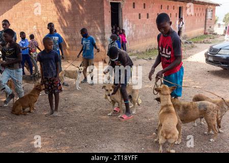 Manica, Mozambico - 28 settembre 2021: Bambini piccoli insieme sotto un albero con i loro cani africani Foto Stock