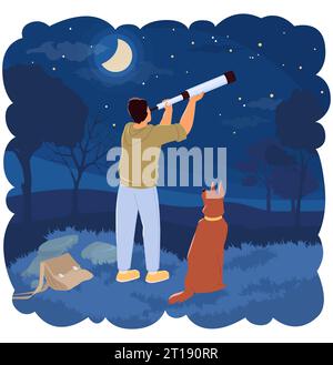 Giovane uomo con un cane nel parco che guarda attraverso la lente di vetro nel cielo stellato Illustrazione Vettoriale