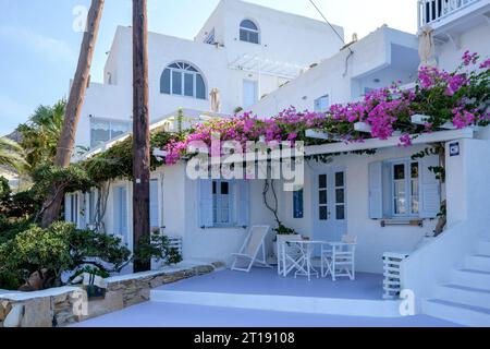 IOS, Grecia - 8 settembre 2023: Un hotel imbiancato che affitta camere, con la tipica architettura delle Cicladi, presso la famosa spiaggia di Mylopotas Foto Stock