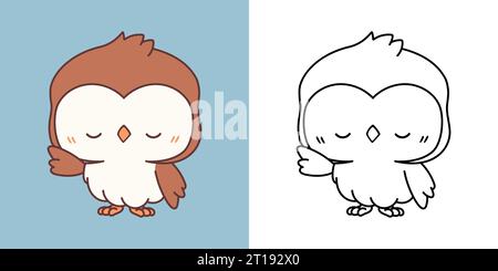 Gufo Kawaii per colorare pagina e illustrazione. Adorabile Clip Art Animal. Illustrazione Vettoriale