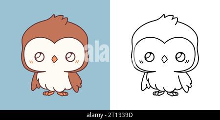 Gufo vettoriale multicolore e bianco e nero. Beautiful Clip Art Animal. Illustrazione Vettoriale