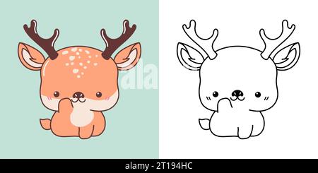 Kawaii Deer Clipart multicolore e bianco e nero. Carino Kawaii Animal. Illustrazione Vettoriale