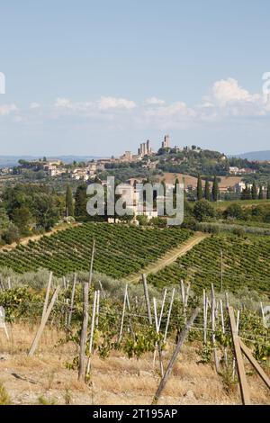 Panorama di San Gimignano e vigneti intorno a questa bellissima città italiana, l'Italia Foto Stock