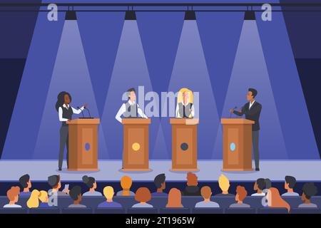 Dibattiti politici e discorso degli oratori sui podi illustrazione vettoriale. Politici dei cartoni animati sul palco che parlano davanti al pubblico, dialogo politico tra leader di donne e uomini che parlano sotto i riflettori Illustrazione Vettoriale