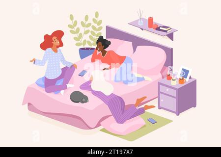 Le amiche parlano di un pigiama party o di un sonno in una camera da letto con illustrazione vettoriale. Cartoni animati tre giovani personaggi femminili in un simpatico pigiama seduti e sdraiati sul letto per chiacchierare e bere tè o caffè Illustrazione Vettoriale