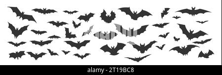 Set di sagome nere di pipistrelli isolati su sfondo bianco, illustrazione vettoriale Illustrazione Vettoriale