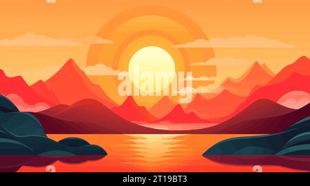 Sfondo dei cartoni animati piatto al tramonto. Illustrazione vettoriale Illustrazione Vettoriale