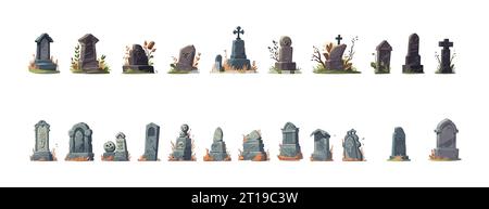 Tombstone ha impostato un cartone animato piatto isolato su sfondo bianco. Illustrazione isometrica vettoriale Illustrazione Vettoriale