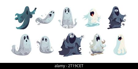 Halloween Ghost Set cartone animato piatto isolato su sfondo bianco. Illustrazione vettoriale isolata Illustrazione Vettoriale