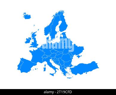 Mappa blu Europa su sfondo bianco in stile piatto. Illustrazione vettoriale Illustrazione Vettoriale