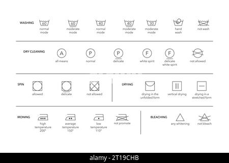 Simboli del bucato con spiegazioni di testo. Etichetta istruzioni di lavaggio icona nera. Illustrazione vettoriale isolata Illustrazione Vettoriale