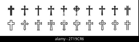 Icona Christian Cross Set. Collezione di icone nere e di linee per crocifisso religioso. Illustrazione vettoriale isolata Illustrazione Vettoriale