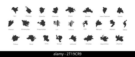 Sagome delle mappe delle città ucraine. Serie di icone nere: Kiev, Leopoli, Odesa, Dnipro, ecc. Illustrazione vettoriale isolata Illustrazione Vettoriale