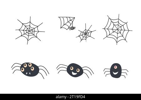 divertenti ragni dei cartoni animati: mostri e cobweb set Illustrazione Vettoriale