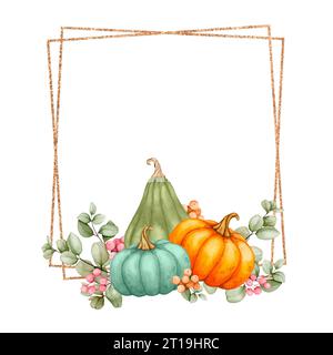 Cornice quadrata dorata decorata con zucche, frutti di bosco ed eucalipto. Giorno del Ringraziamento, Festival del raccolto, atmosfera autunnale. Acquerello per carte, congratulazioni Foto Stock