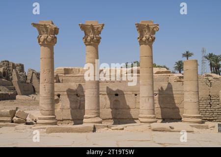 Säulen mit korinthischen Kapitellen, Hathor-Tempel, Dendera, Qina, Ägypten Foto Stock