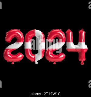 Illustrazione 3d della lettera relativa al nuovo anno 2024 con palloncini sulla bandiera danese a colori Foto Stock