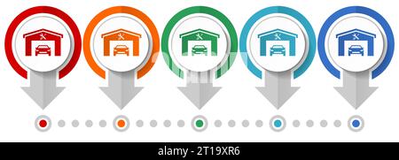 Riparazione auto, set di icone vettoriali di assistenza automatica, modello infografico di design piatto, impostare icone di concetto puntatore in 5 colori per webdesign e app mobili Illustrazione Vettoriale