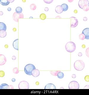 Biglietto d'auguri quadrato per qualsiasi festa o festa. Cerchio in colori pastello tenui. Spruzzi, polka dot, bolle, macchie rotonde, pennellate, macchie. Foto Stock