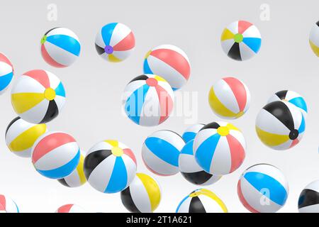 Molte palle da spiaggia volanti isolate su sfondo bianco. il concetto di rendering 3d delle attività estive, delle vacanze e delle vacanze Foto Stock