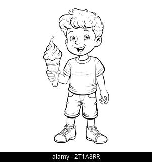 Pagina da colorare Boy Holding Ice Cream per bambini Illustrazione Vettoriale