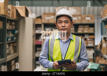 Ritratto senior ENGINEER Happy Working Inventory Manager. Lavoratore maschio adulto del sud-est asiatico in piedi nel magazzino di fabbrica. Foto Stock