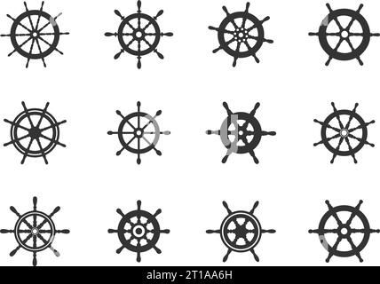 Sagome delle ruote della nave, vettoriale delle ruote della nave, set di icone delle ruote della nave, silhouette dello sterzo della nave, ruote della nave svg Illustrazione Vettoriale
