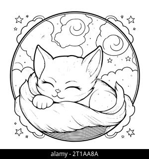 Cat Sleeping Coloring Page Drawing per bambini Illustrazione Vettoriale