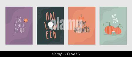 Un set di semplici carte vettoriali di Halloween, modelli di invito. Illustrazioni minimalistiche e geometriche per poster, banner multimediali, copertina, cartolina. Illustrazione Vettoriale