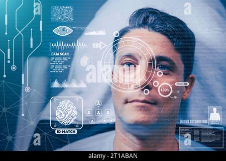 Scansione biometrica della retina dell'iride per il riconoscimento dell'identità personale, verifica la tecnologia dei sistemi di sicurezza all'avanguardia Foto Stock