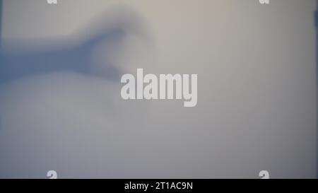 Shadow Blur di un horror dietro vetro smerigliato. Mano sfocata, astrazione della forma del corpo e una palma. Riflesso della silhouette attraverso la luce. G Foto Stock