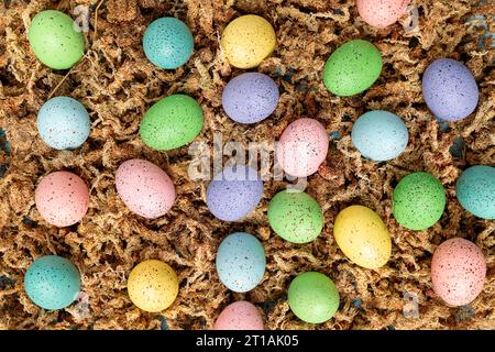 Una disposizione di uova di pasqua dipinte su un nido, pronte per le vacanze Foto Stock