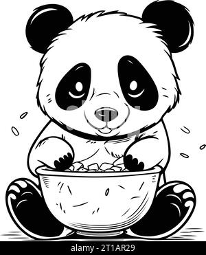 Panda carino che si mangia da una ciotola di cibo. Illustrazione vettoriale. Illustrazione Vettoriale