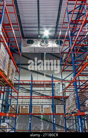 Un evaporatore di refrigerazione industriale a tre ventole nel congelatore in un magazzino di stoccaggio a freddo con ciclo di ammoniaca. In figura è illustrata una mensola rossa e blu. Foto Stock