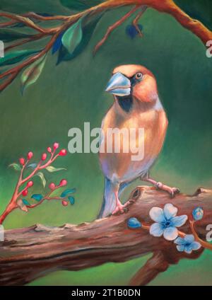 Ritratto di Hawfinch con frutti di bosco e fiori. Pittura tradizionale su carta. Foto Stock