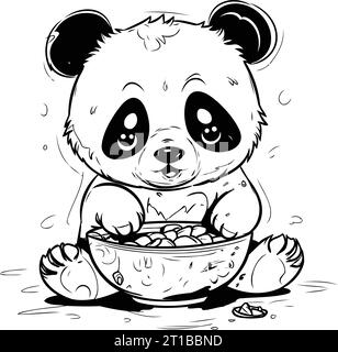 Panda carino che si mangia da una ciotola di cibo. Illustrazione vettoriale. Illustrazione Vettoriale