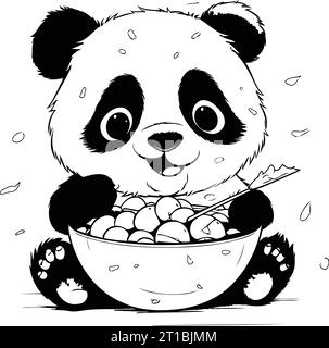 Panda carino che mangia cibo da una ciotola. Illustrazione vettoriale. Illustrazione Vettoriale