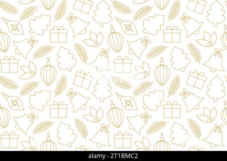 motivo dorato natalizio senza cuciture con rami di abete, campana, bauble, albero di natale, regalo e icone di bacche holly - illustrazione vettoriale Illustrazione Vettoriale