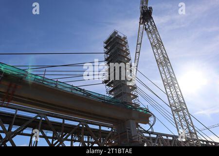 Un cantiere molto trafficato con più grandi gru che lavorano in tandem per costruire un edificio Foto Stock