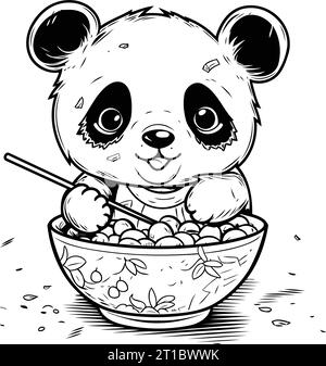 Panda carino che si mangia da una ciotola di farina d'avena. Illustrazione vettoriale. Illustrazione Vettoriale