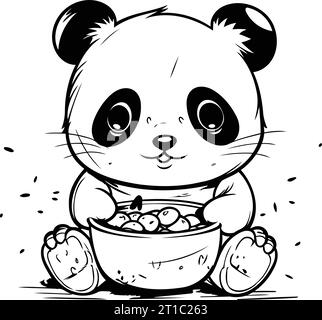 Panda carino che si mangia da una ciotola di cibo. Illustrazione vettoriale. Illustrazione Vettoriale