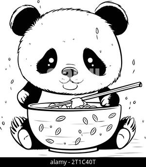 Carino panda da cartoni animati che mangia zuppa. Illustrazione in bianco e nero. Illustrazione Vettoriale