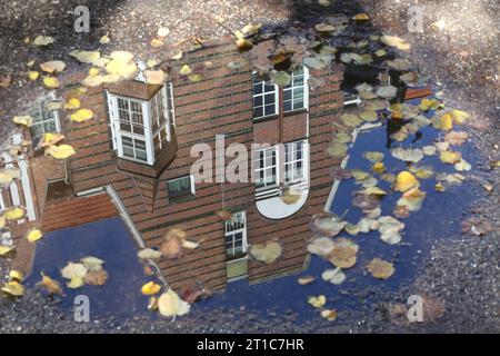 DAS Fünfgiebelhaus in der Hanse- und Universitätsstadt Rostock spiegelt sich am Donnerstag 12.10.2023 am örtlichen Universitätsplatz in einer Pfütze die von buntem Herbstlaub umrahmt wird. für die kommenden Tage erwarten die Metrologen nel Meclemburgo Vorpommern eher wolkiges Wetter und etwas Regen. Dazu wird es zunächst noch etwas wärmer und windiger. Doch die Sonne macht sich etwas rar, così dass es wahrscheinlich solche Spiegelungen zunächst etwas weniger geben wird. *** La casa a cinque timpani nella Lega Anseatica e città universitaria di Rostock si riflette giovedì 12 10 2023 presso la loca Foto Stock