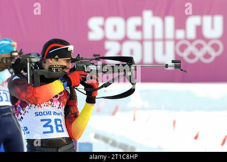 Arnd PFEIFFER, GER, Aktion Stehend Schiessen, Biathlon, 10 km Sprint der Maenner XXII. Olympische Winterspiele Sochi, Russland AM 08.02.2014 Foto Stock